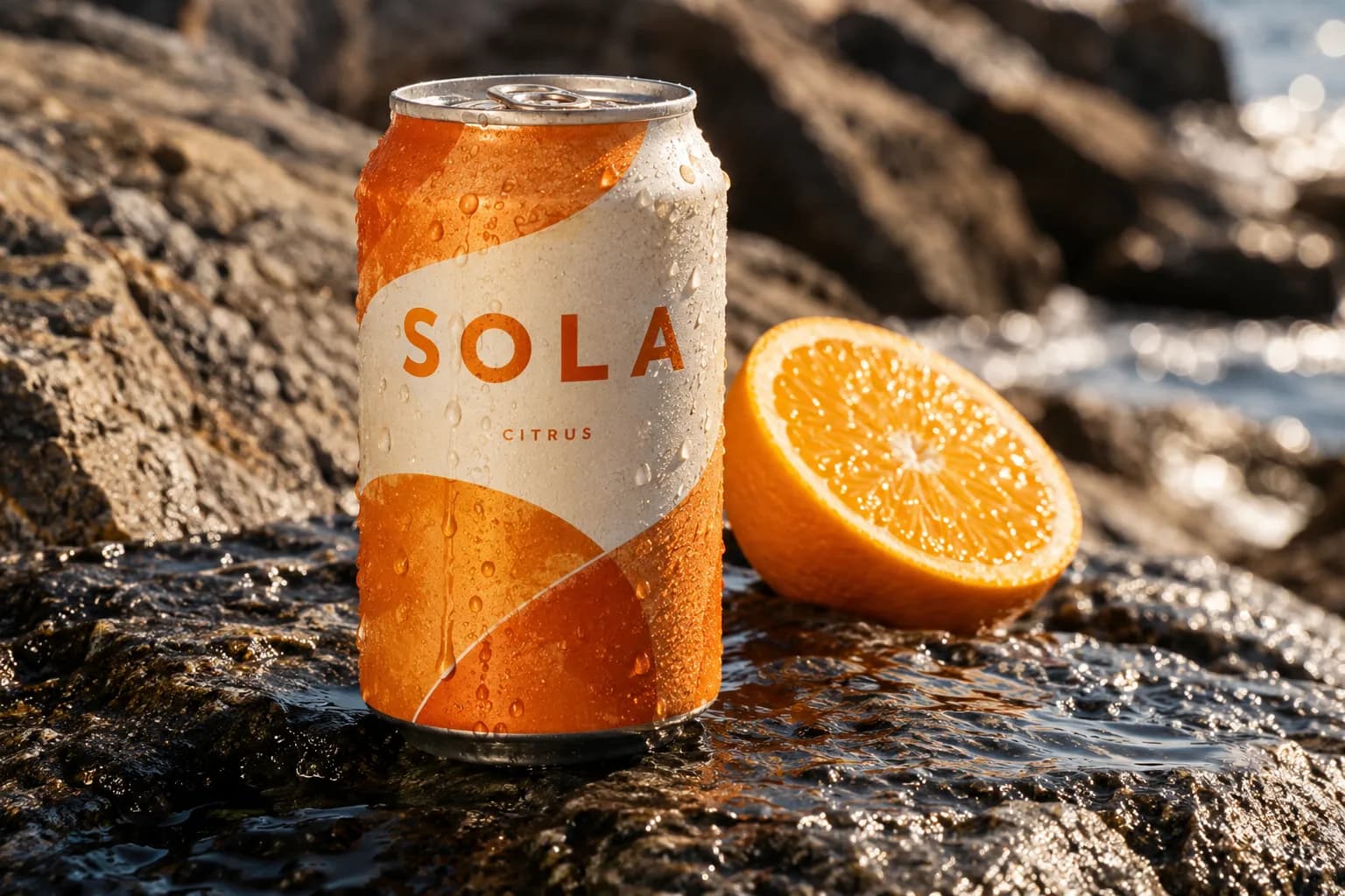 SOLA citrus sparkling drink can on stone
