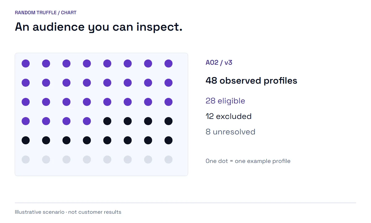 Forty-eight synthetic profiles: 28 eligible, 12 excluded, 8 unresolved. No demographic or sensitive traits inferred.
