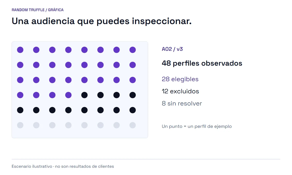 Cuarenta y ocho perfiles sintéticos: 28 elegibles, 12 excluidos y 8 sin resolver. No se infieren rasgos demográficos ni sensibles.